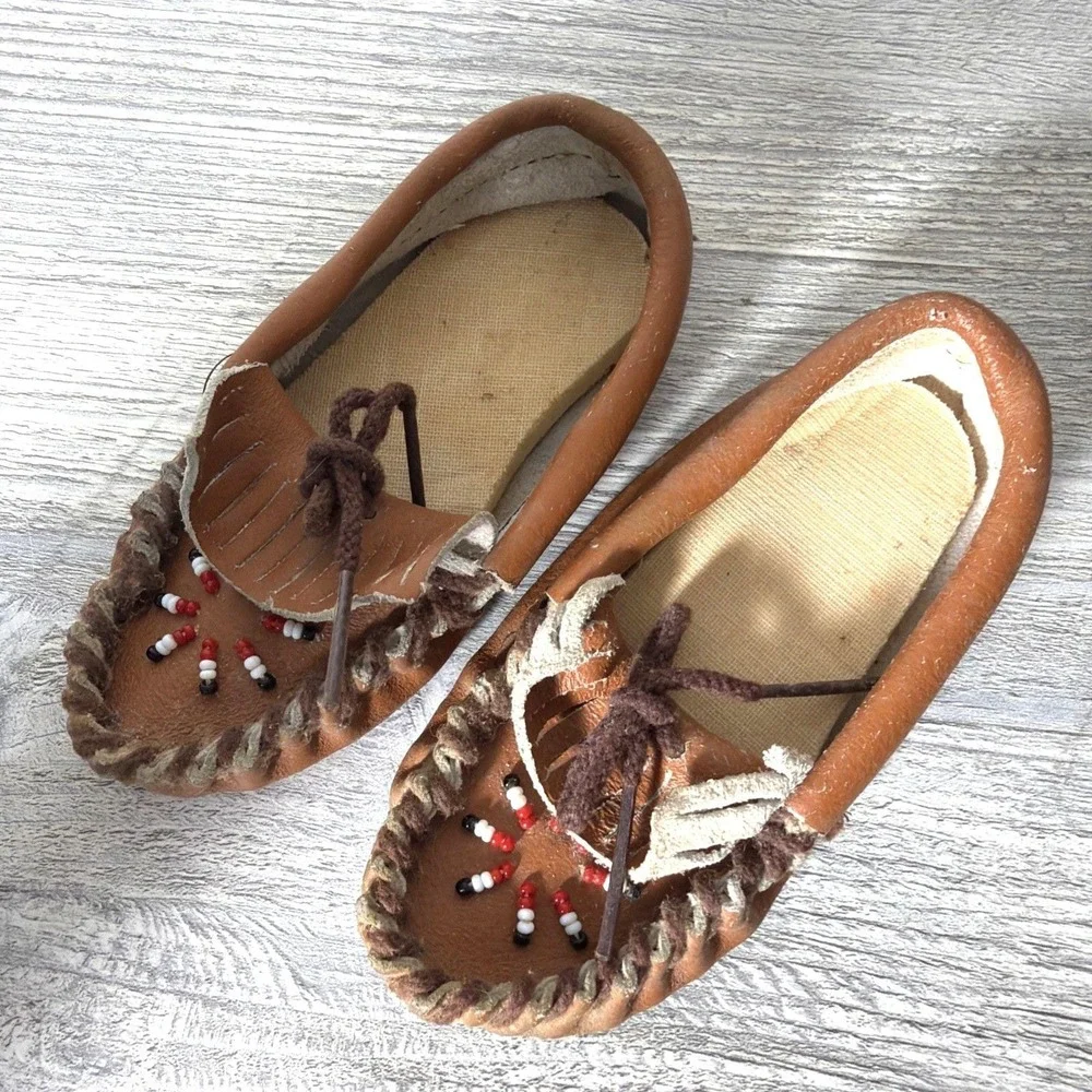 Vtg Handmade Beaded Leather Moccasins Infant Toddler Brown Soft Leather Size 6